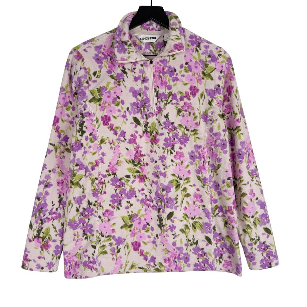 Lands' End Womens Anywhere Fleece Floral 1/4 Zip Sweater Pink Purple - M 10-12